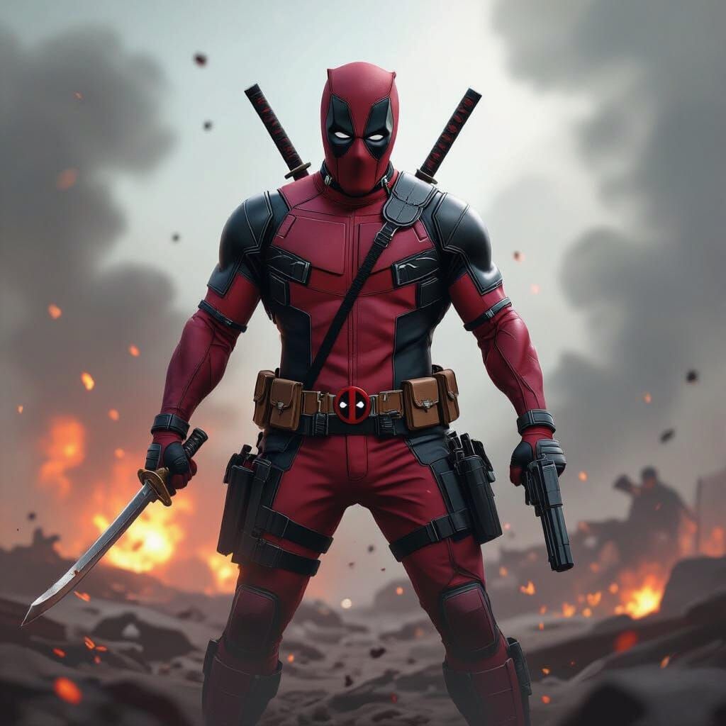 Deadpool in Chaotic Warzone with Katanas and Pistols