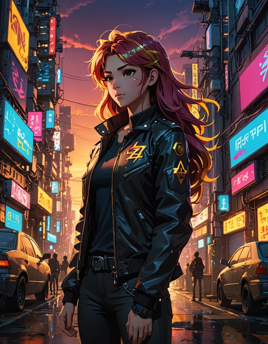 Sunset Shimmer in Cyberpunk Anime Style