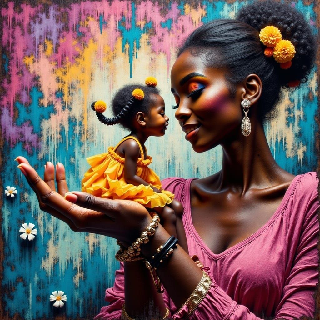 A charming miniature girl so small she is perched on the hand of a giant woman