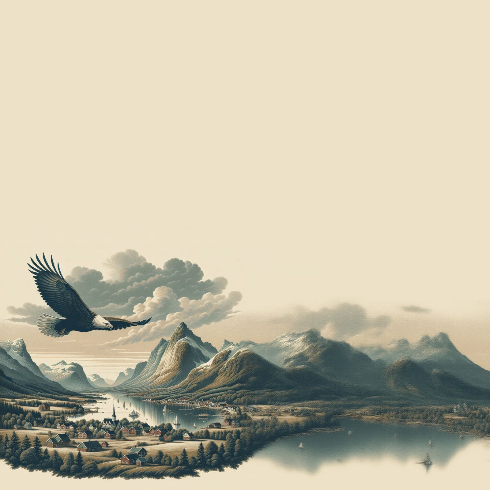 Norwegian Landscape Painting with Eagle in Pastoral Style