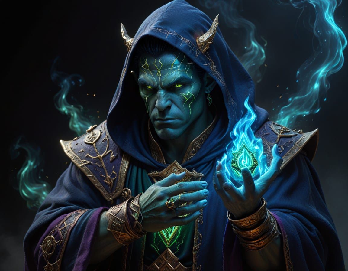 Half-Orc Mage Conjuring Arcane Fire