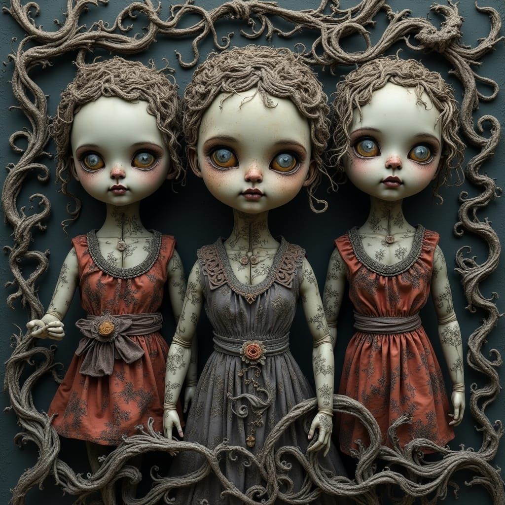 Sinister Wireframe Art with Spooky Ceramic Dolls