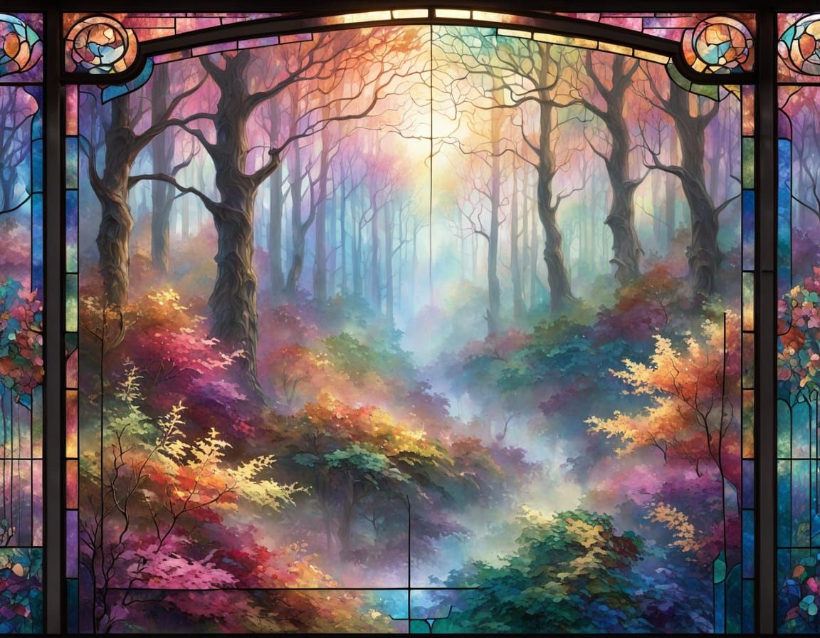 Ethereal Autumn Forest Window in Stained Glass