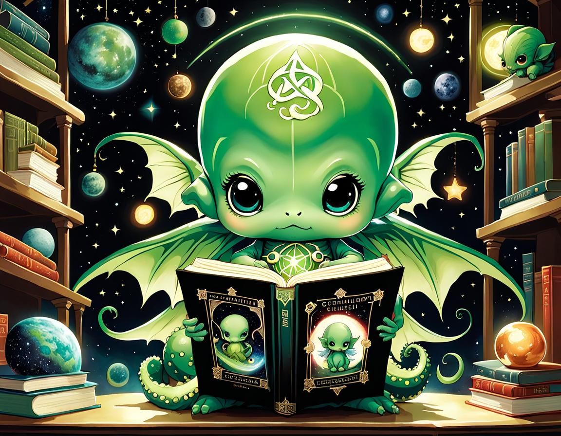 Chibi Cthulhu Reads ABC Book in Galactic Nursery