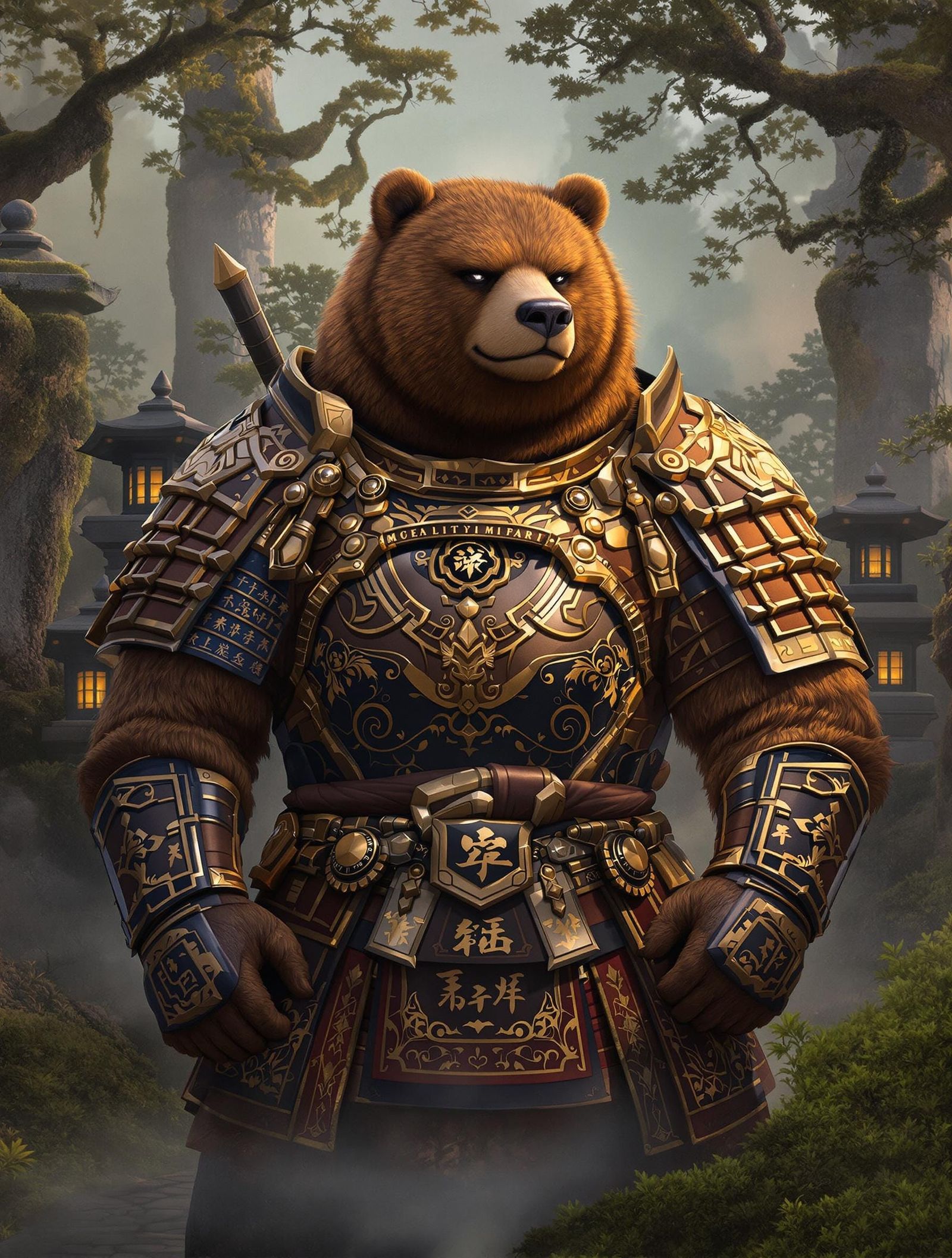 Samurai Brown Bear in Misty Forest