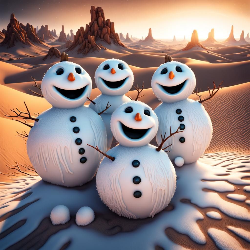 Joyful Melting Snowmen in Desert, Psychedelic Art