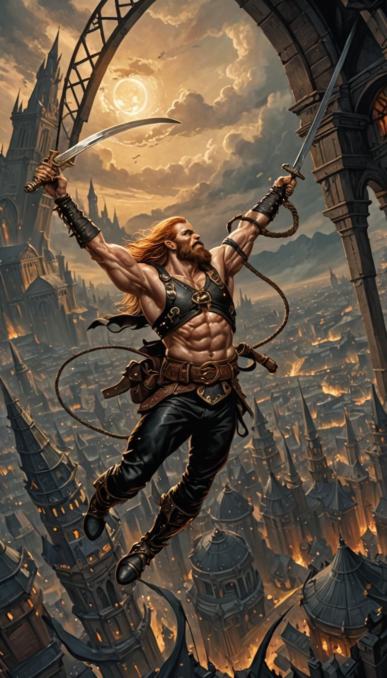 Muscular Dwarf Swings Through Dark Fantasy City
