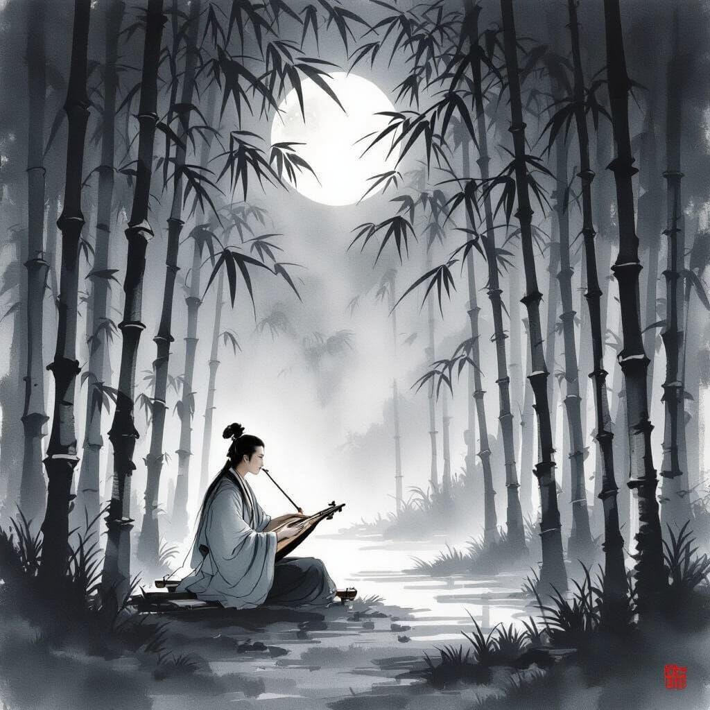 Scholar Plays Guqin in Moonlit Bamboo Forest