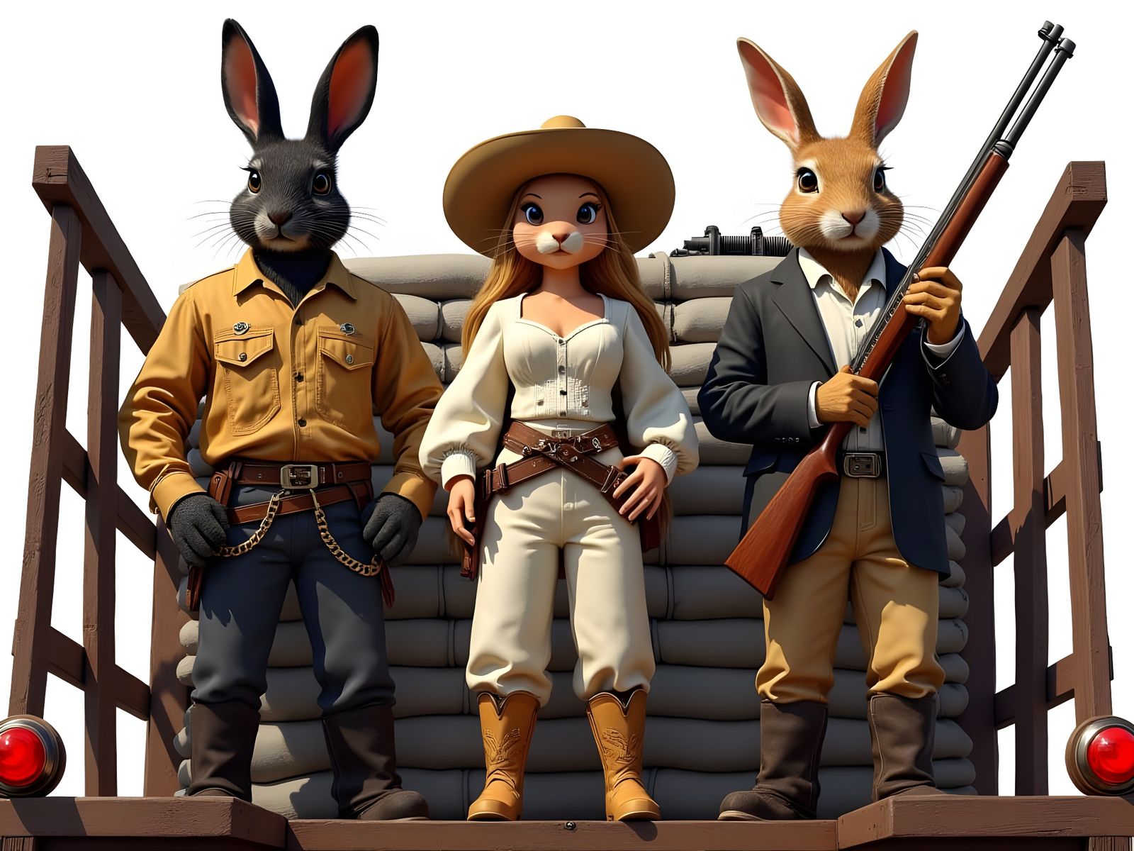 Rabbits in a Vintage Railway Car, Maxim Gun and Western Sett...