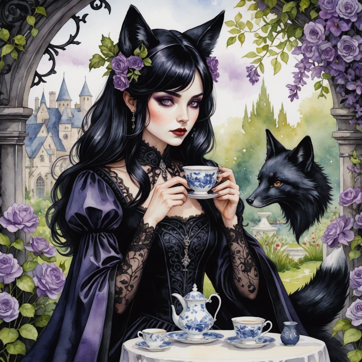 Woman with Fox Ears Drinking Tea Watercolor