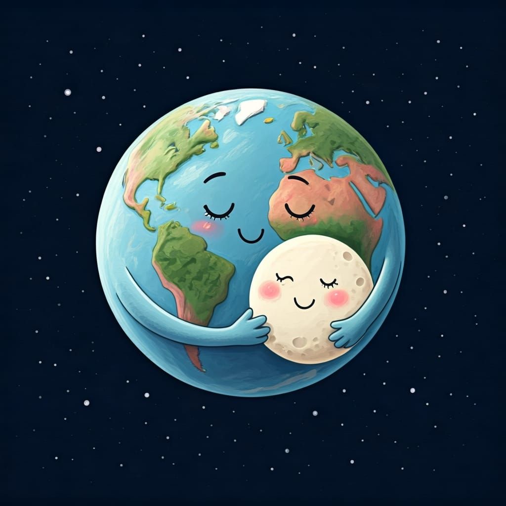 Anthropomorphic Earth Cradles Moon in Whimsical Style