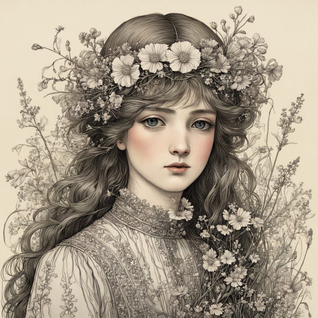 Whimsical Portrait of a Gentle Girl Surrounded by Wildflower...