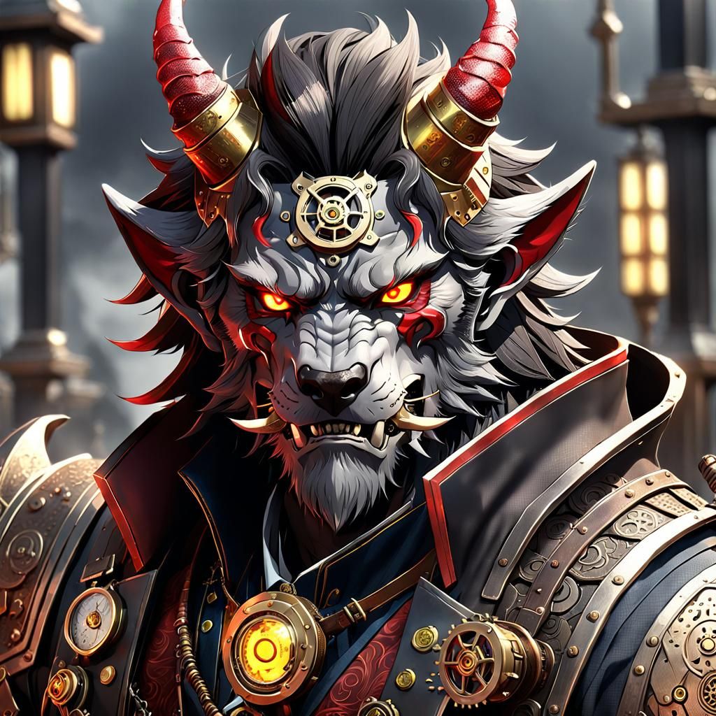 A steampunk anime male werewolf samurai with red demon horns...