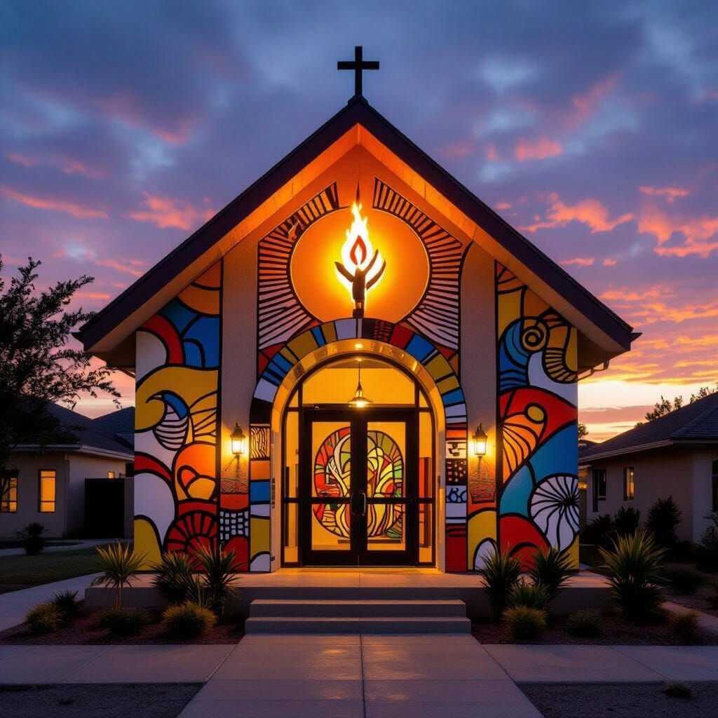 African Church Aglow at Sunset in Contemporary Style