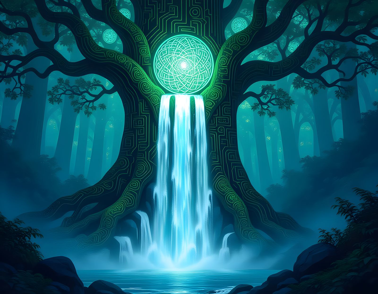 Bioluminescent Waterfall Tree with Celtic Knots