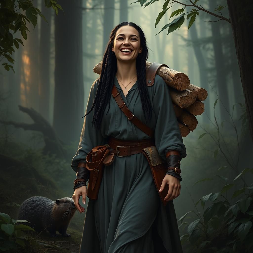 Medieval Woman Laughing in Mystic Forest