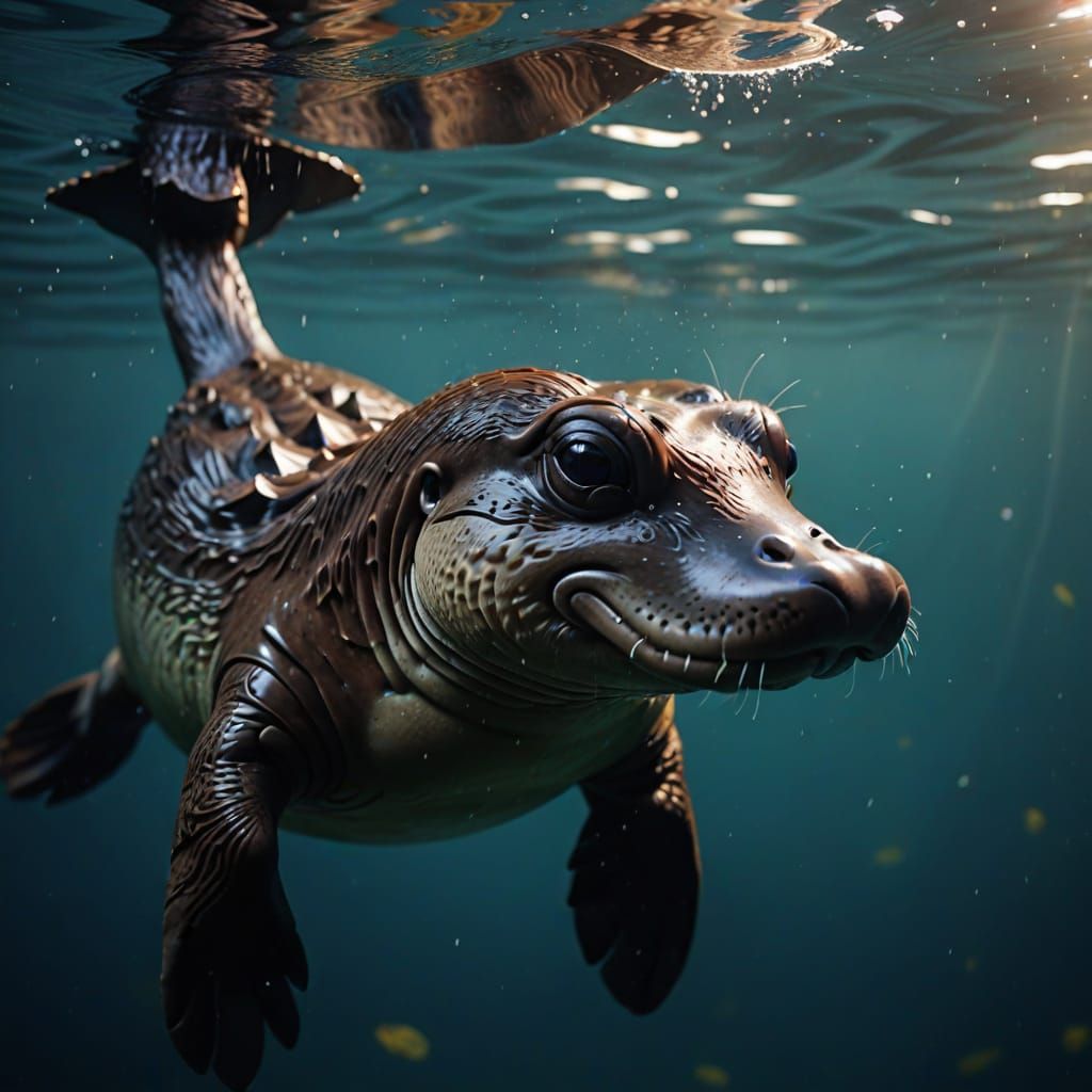 Photorealistic Platypus Swimming Underwater in Soft Light