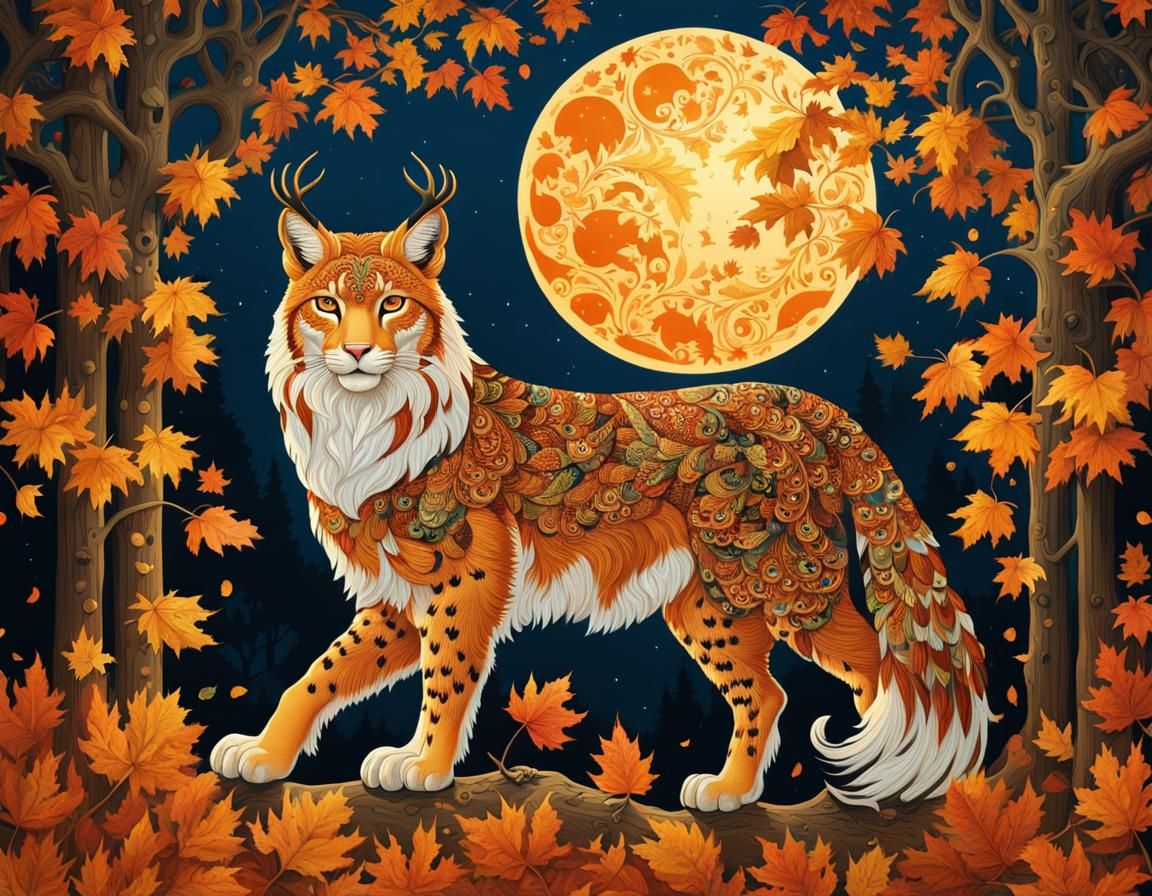 Magical Lynx in Autumn Forest, Gzhel Style