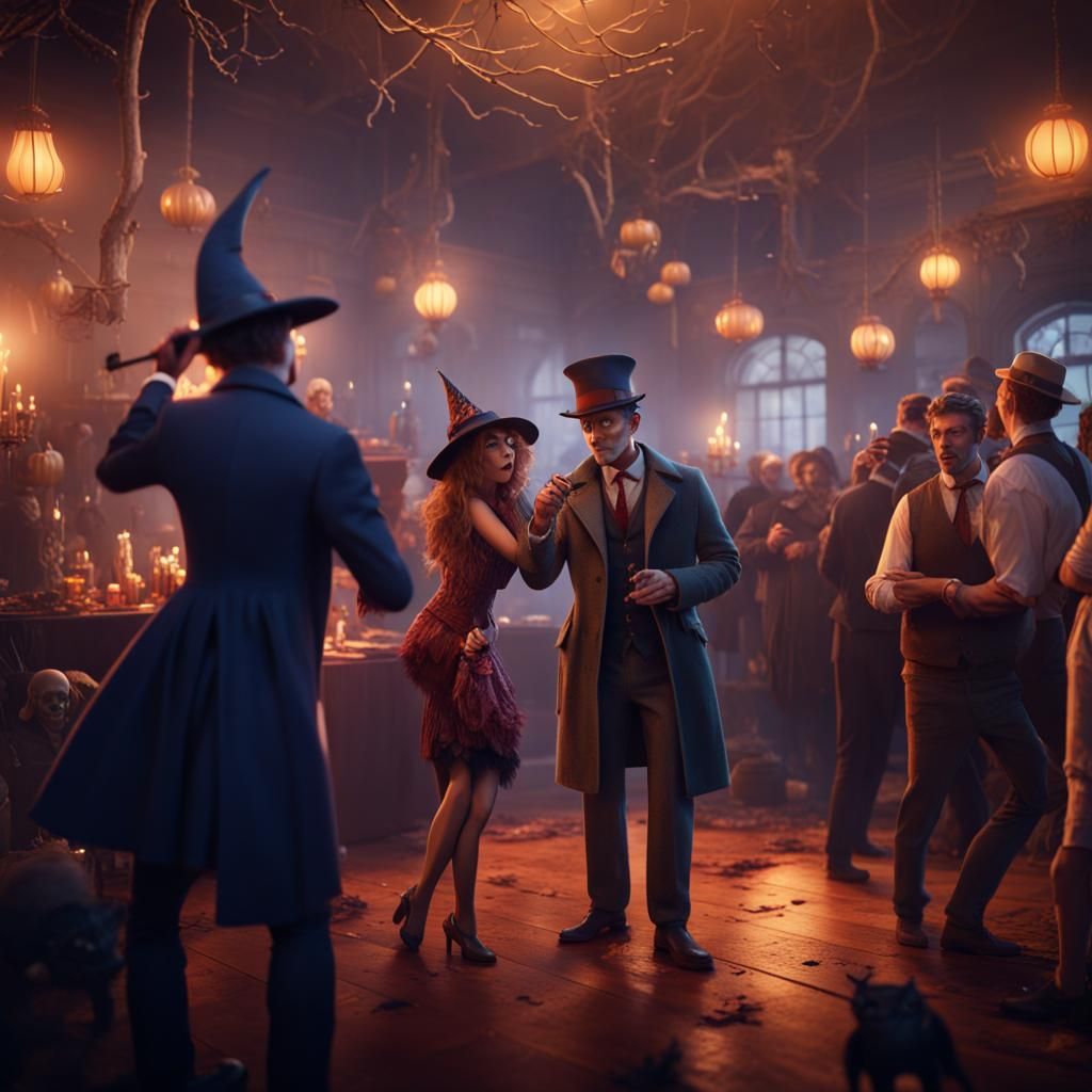 Animated Detective Investigates Halloween Party Scene