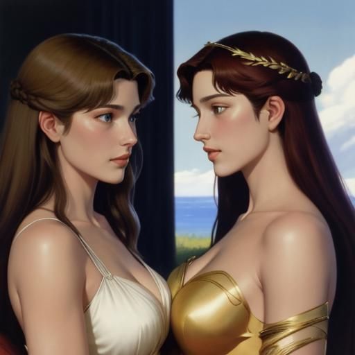 Two Nude Women Cuddling on Couch in Classic Style