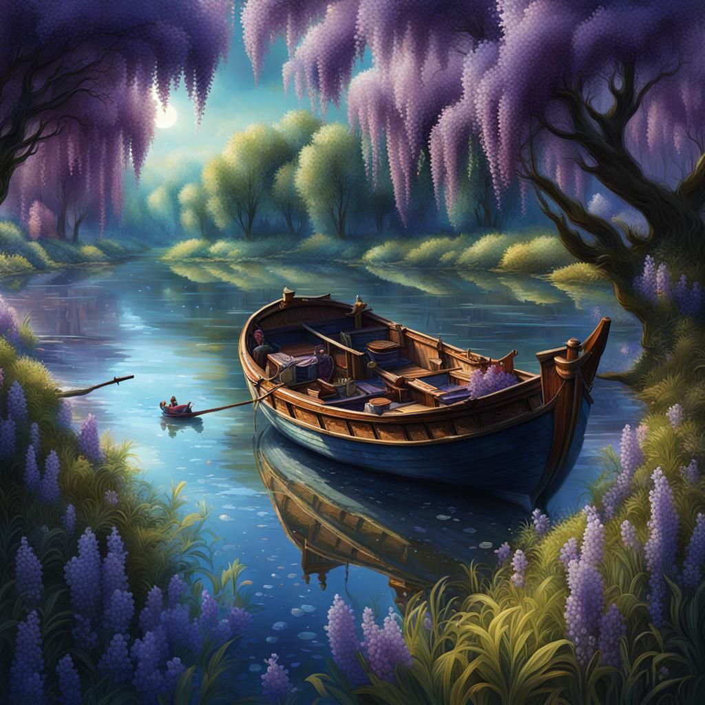 Spring Daydream: Fisherman Navigating a River