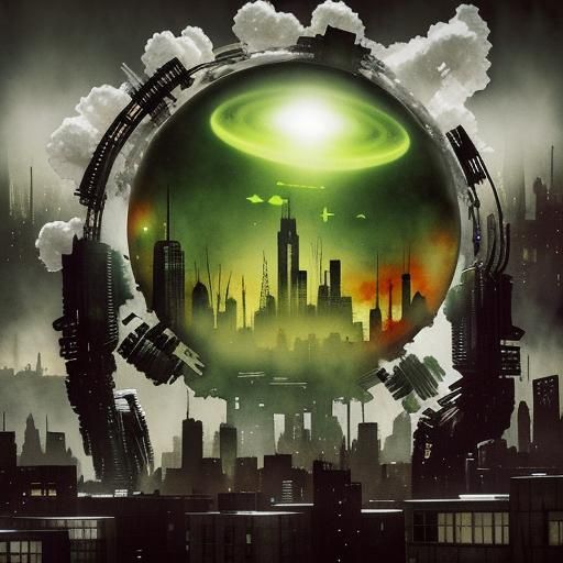 Surreal Alien Double Exposure in Dystopian Cityscape