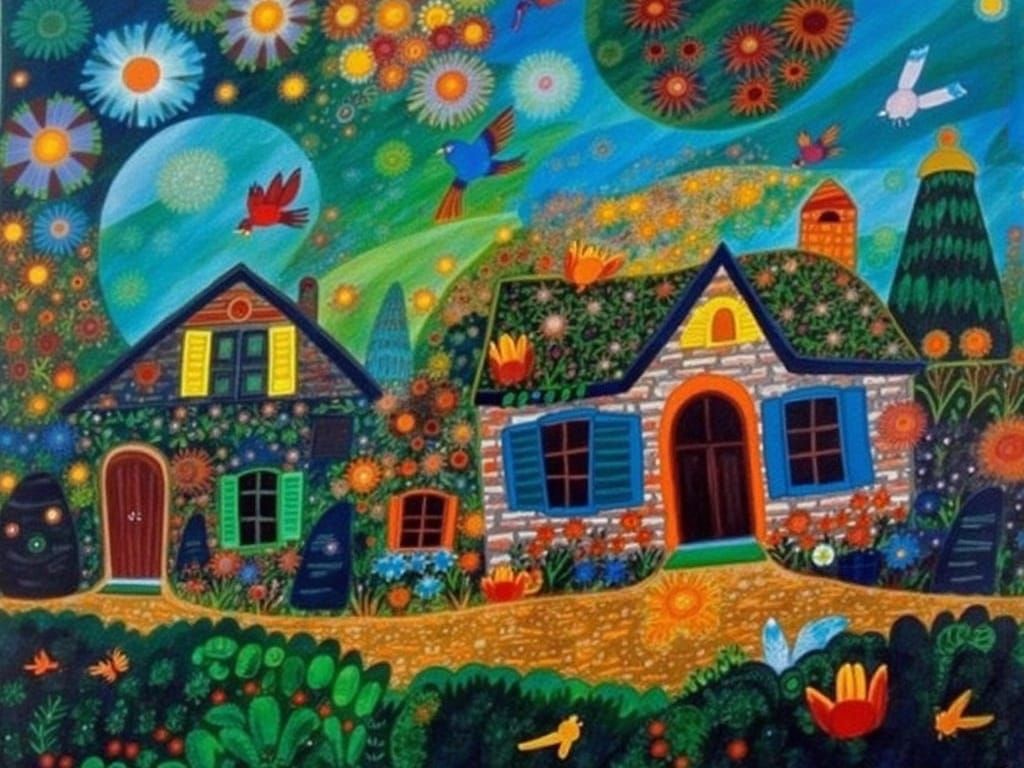 Cottage Garden with Birds and Butterflies