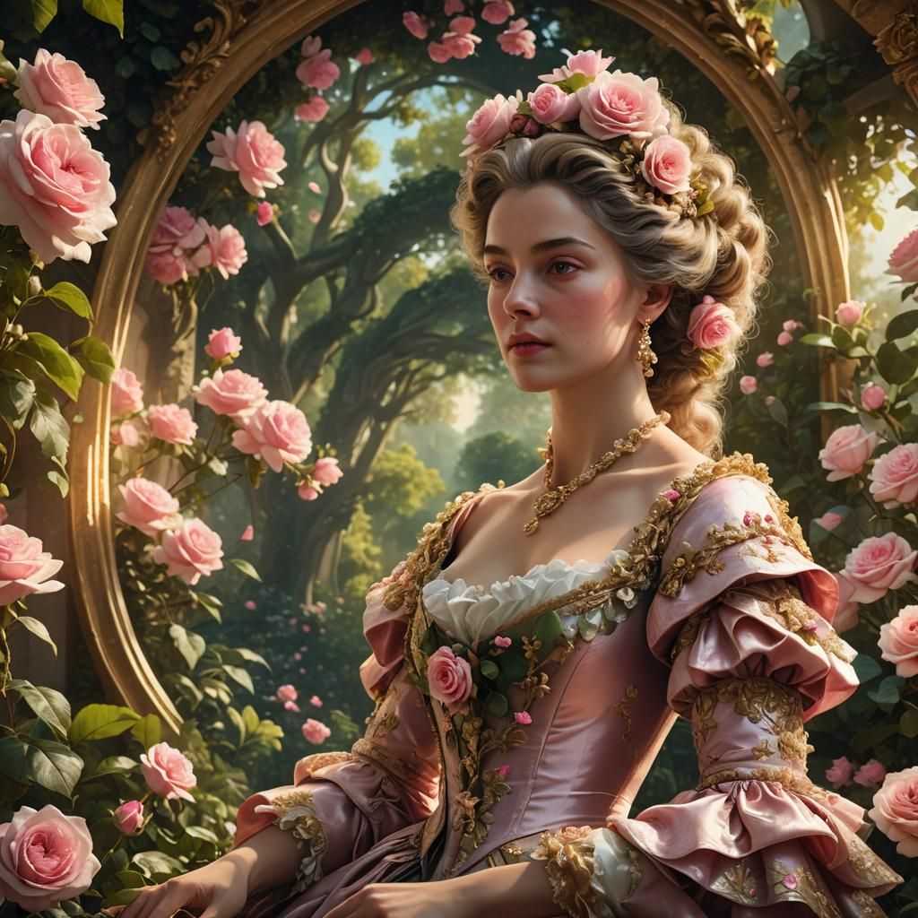 Rococo Noblewoman in Rose Garden: Digital Masterpiece
