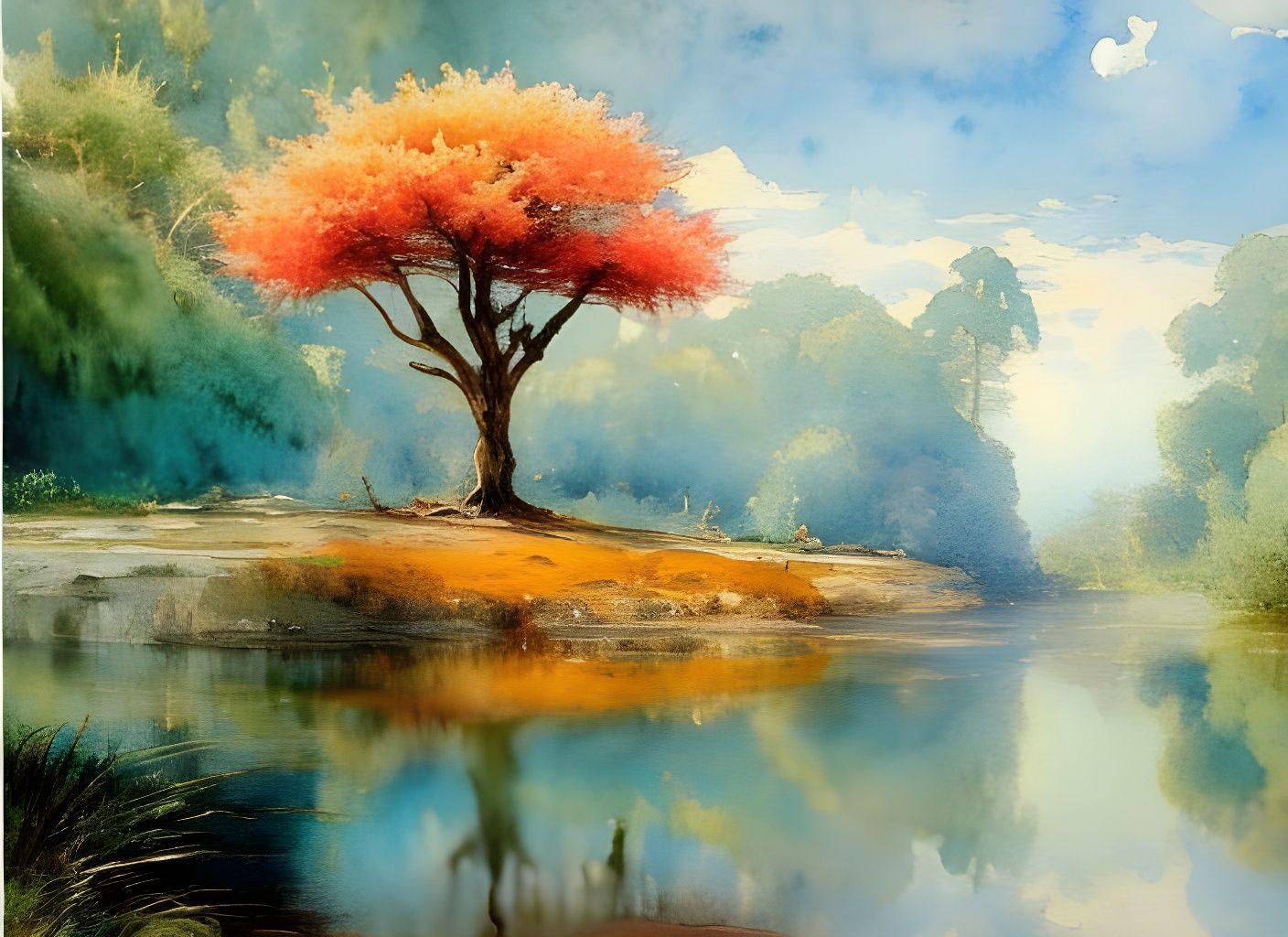 Cotton Candy Tree: Watercolor River Landscape
