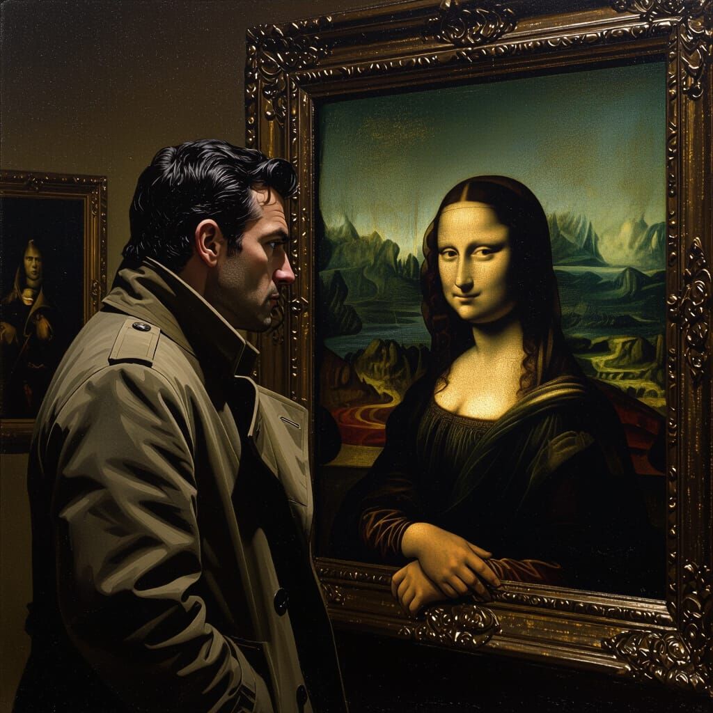 Man Interrogates Mona Lisa in Louvre, Noir Style