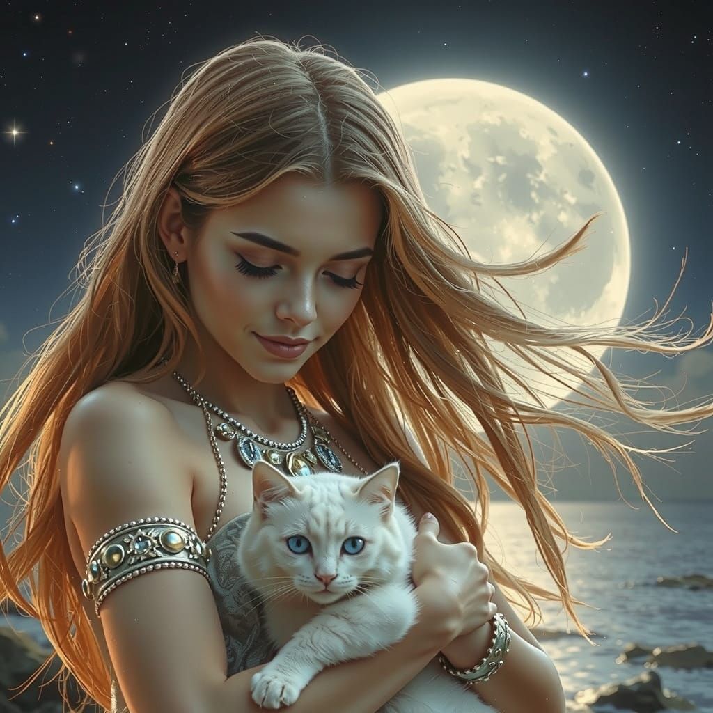 Cosmic Goddess Cradling Cat on Moonlit Shore