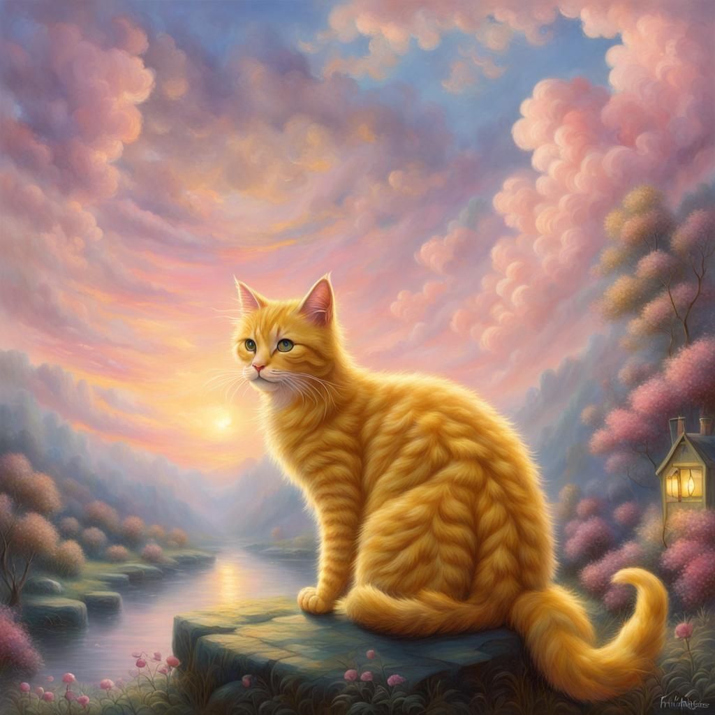 Yellow Cat in Twilight Sky: Ethereal Fantasy