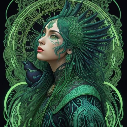 Quetzal Bird and Panther in Bioluminescent Jungle