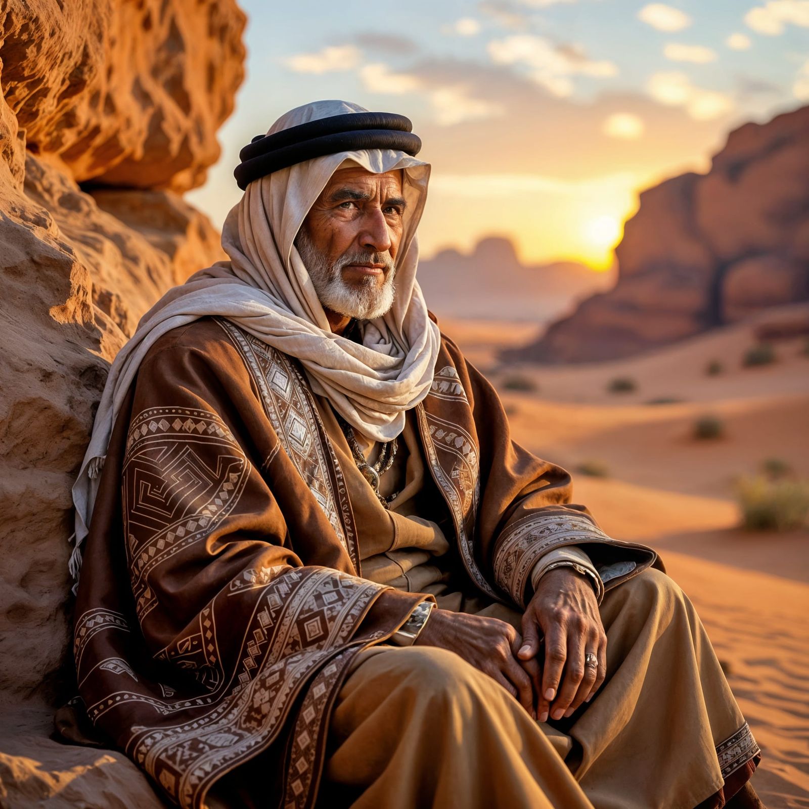 Bedouin Elder in Orientalist Painting Style at Sunset