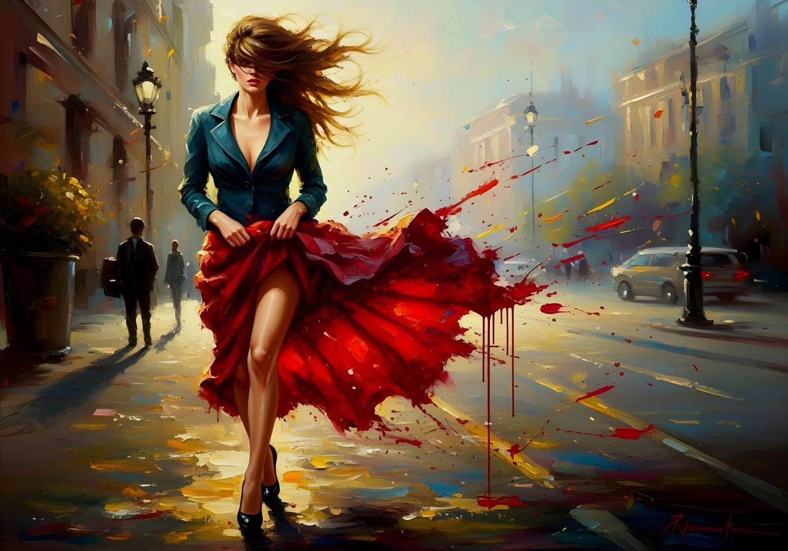 Elegant Woman's Skirt Blown by Wind in Romantic Oil Painting