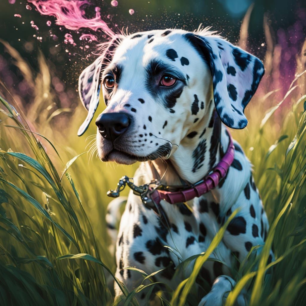 Dalmatian Puppy Portrait with Pink and Purple Spots