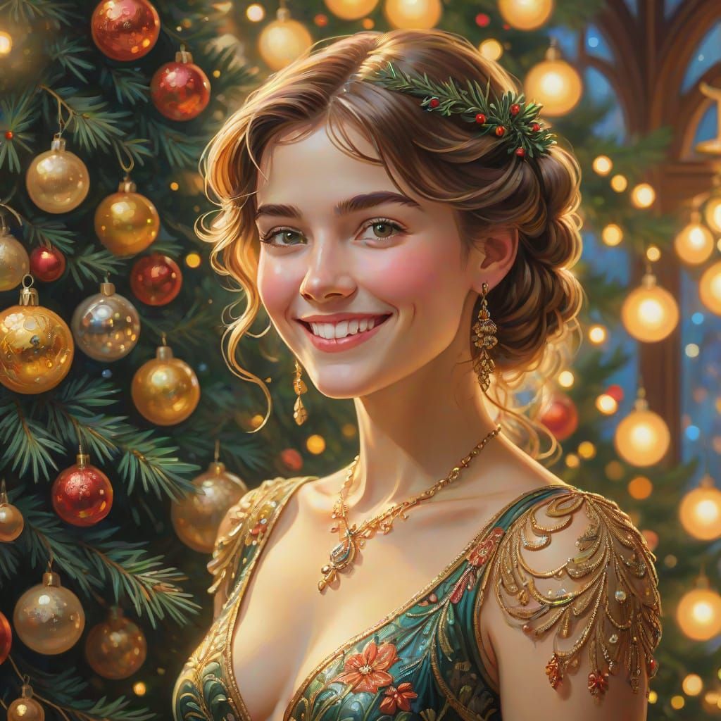 Elegant Woman Before Christmas Tree in Art Nouveau Style