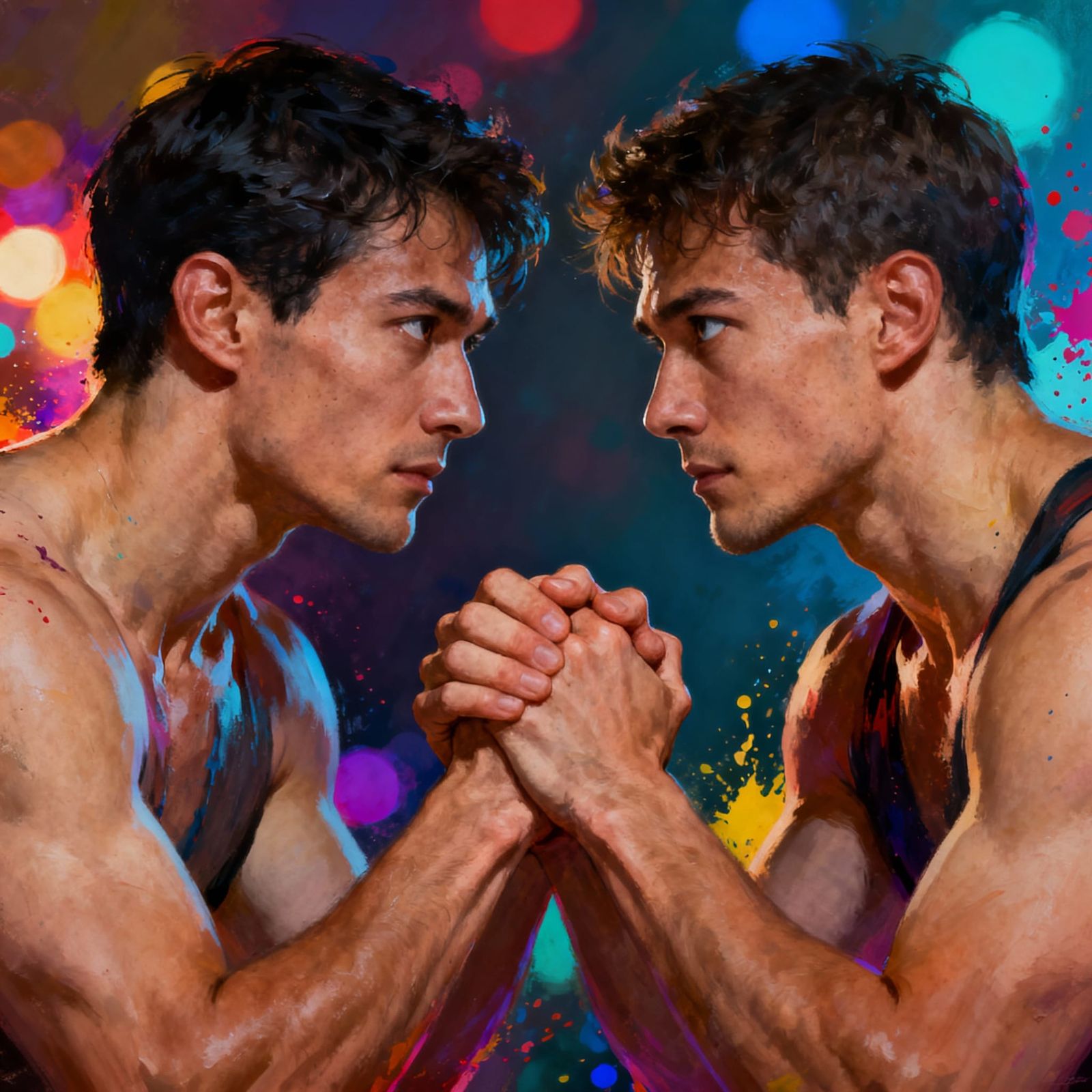 Two Men's Hands Clasped in Symmetrical Close-Up