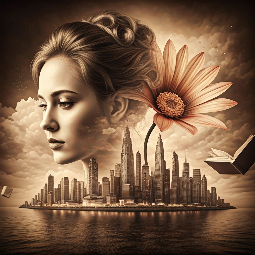 Surreal Portrait of Woman in Retro Cityscape
