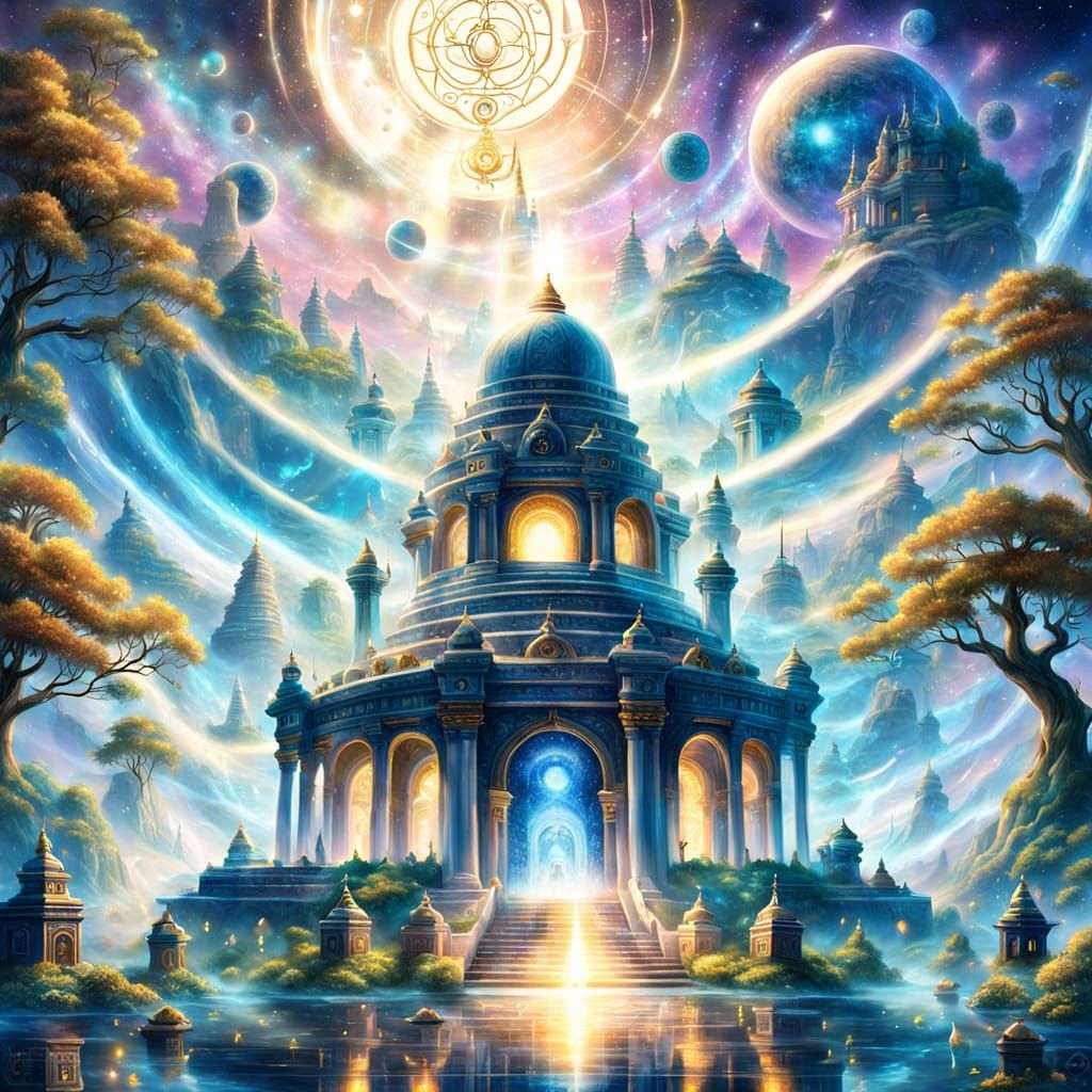Celestial Temple Radiates Golden Aura with Cosmic Energy