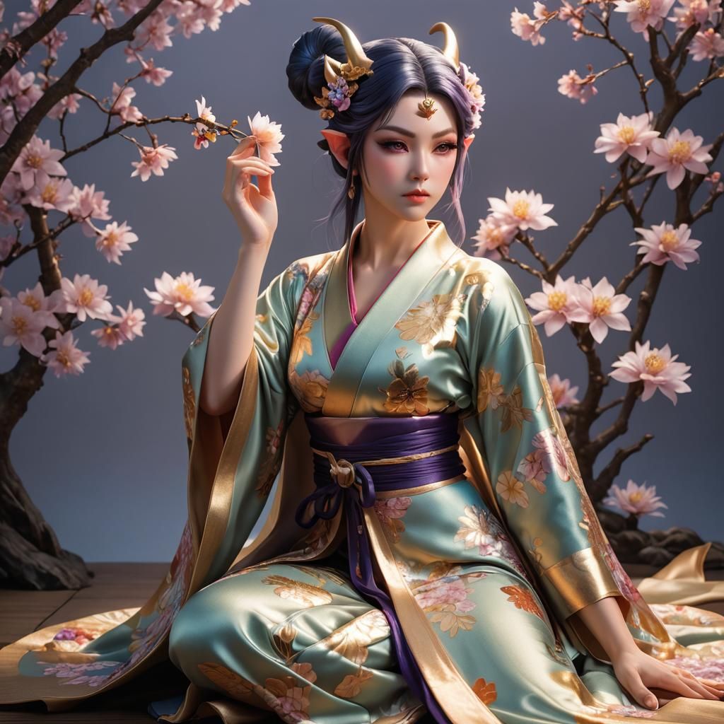 adorable beautiful woman elf horned muscular kneeling in ang...