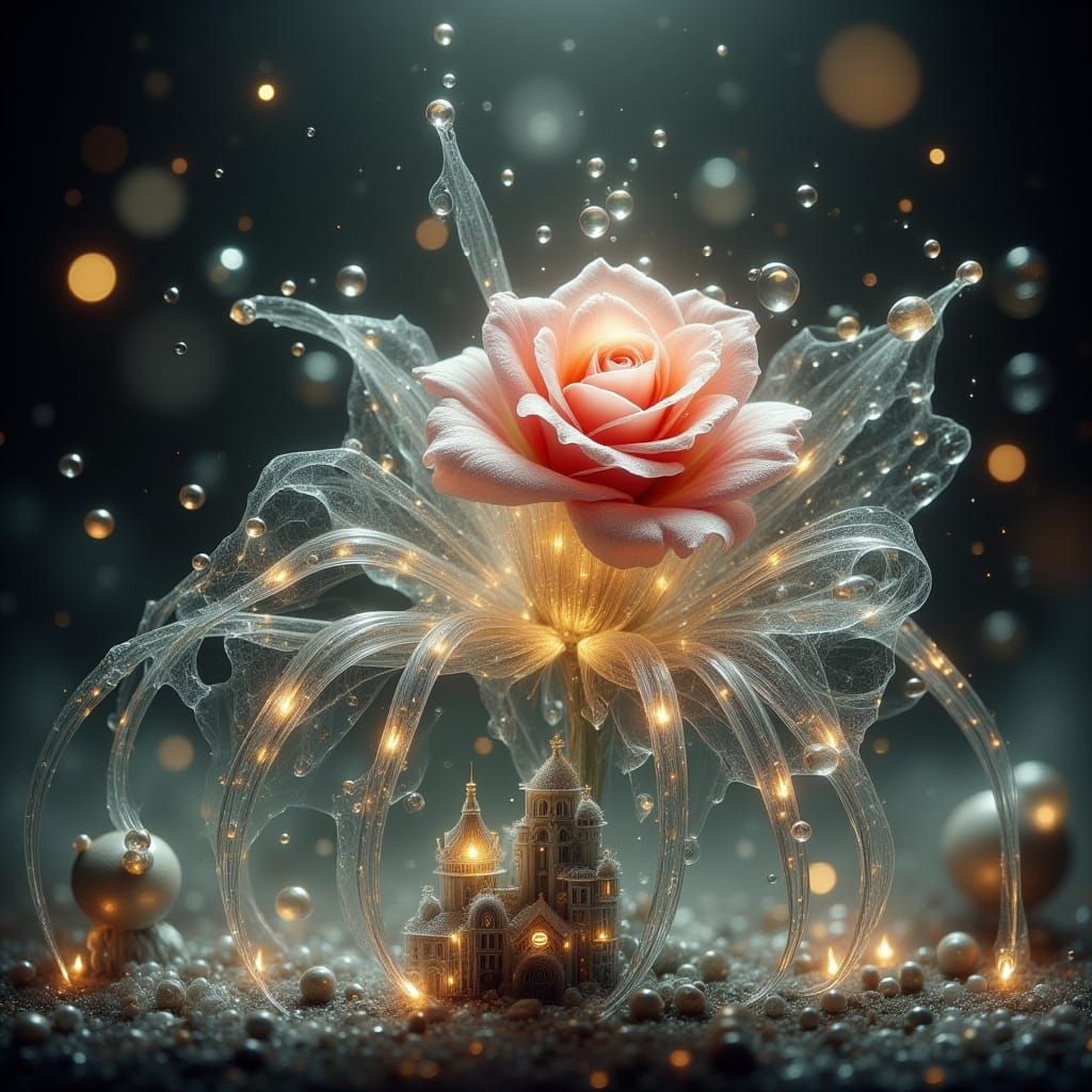 Glowing Spider Silk Rose on Silver Web Castle