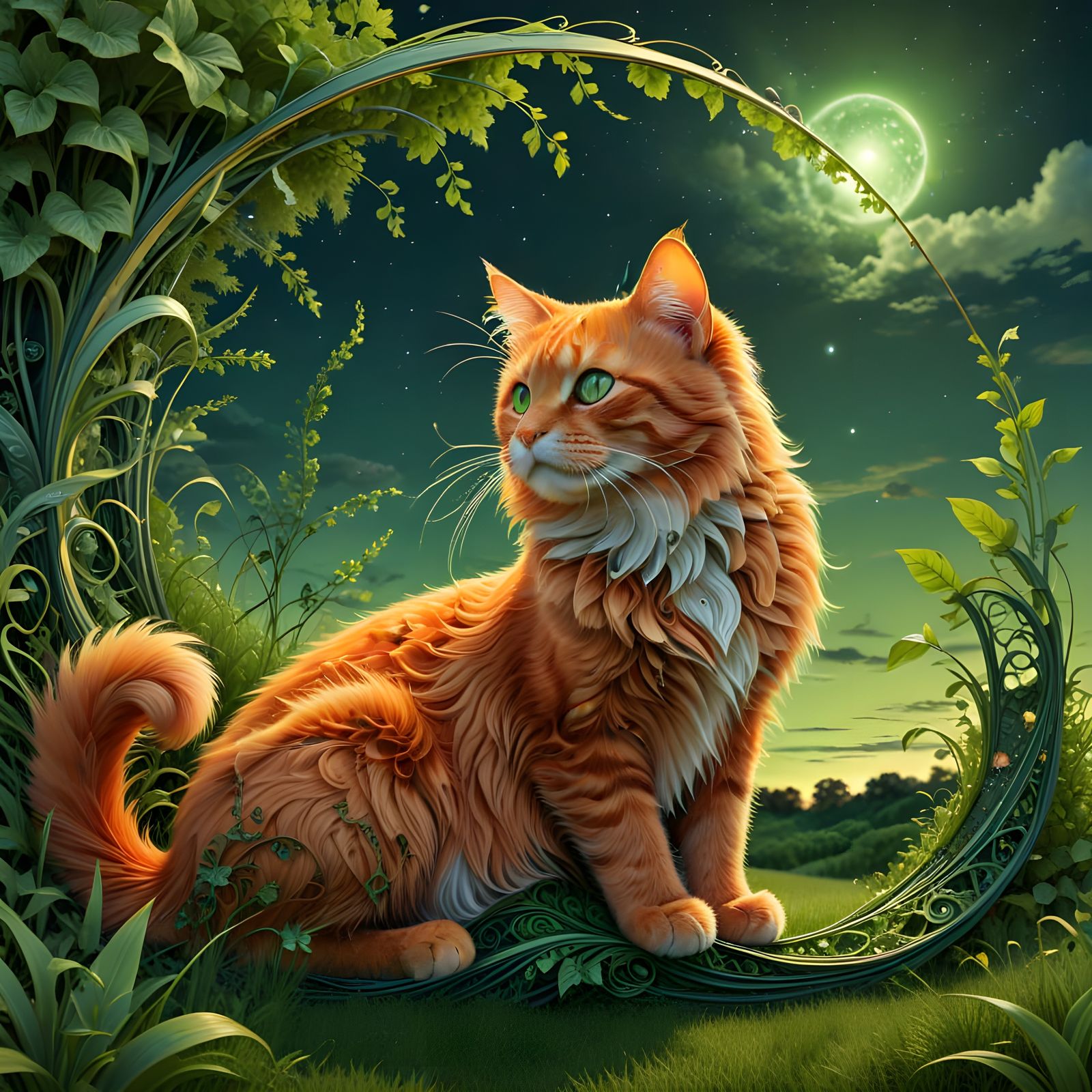 Art Deco Cat in Verdant Landscape with Comet
