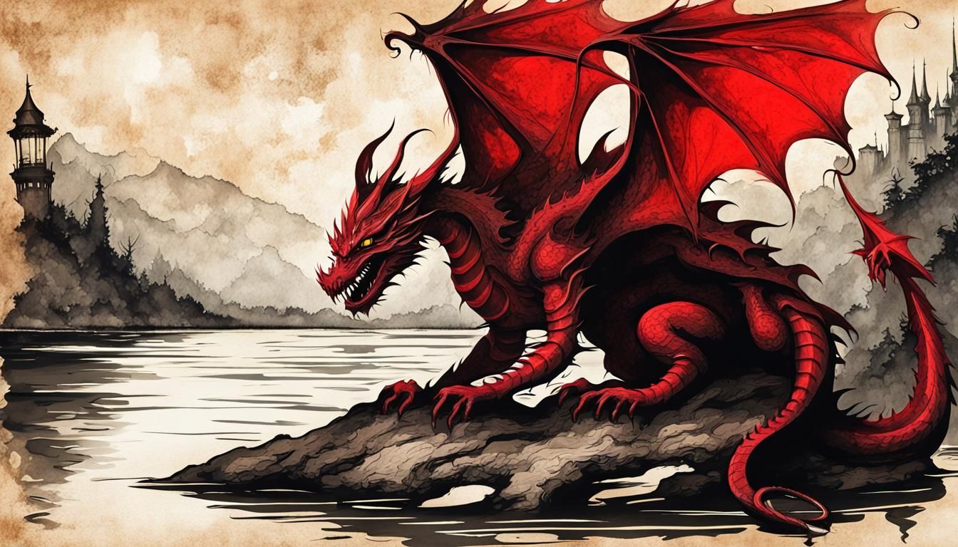 Dragon Silhouette in Steampunk Ink Painting