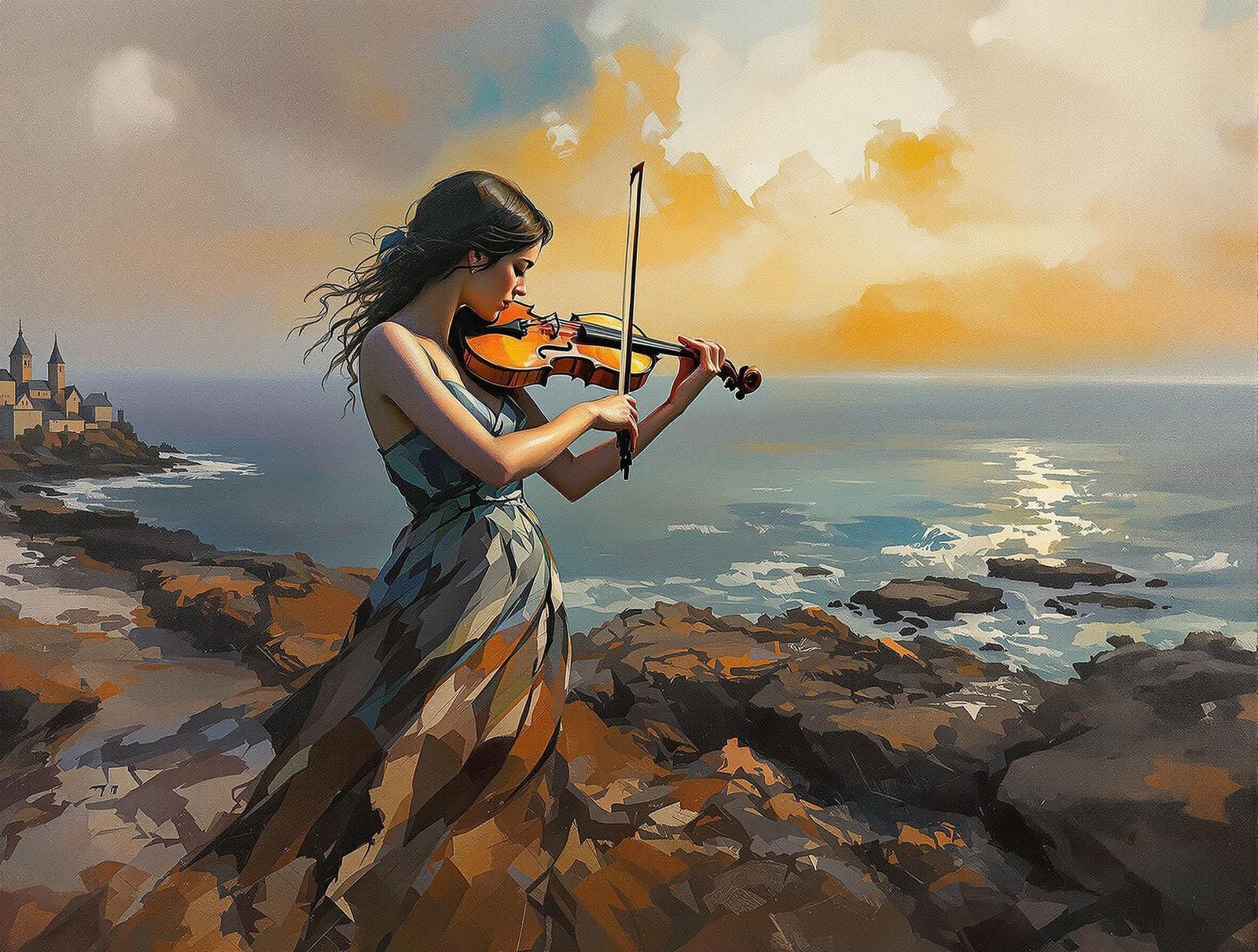 Woman Playing Violin in Impasto Charcoal Drawing