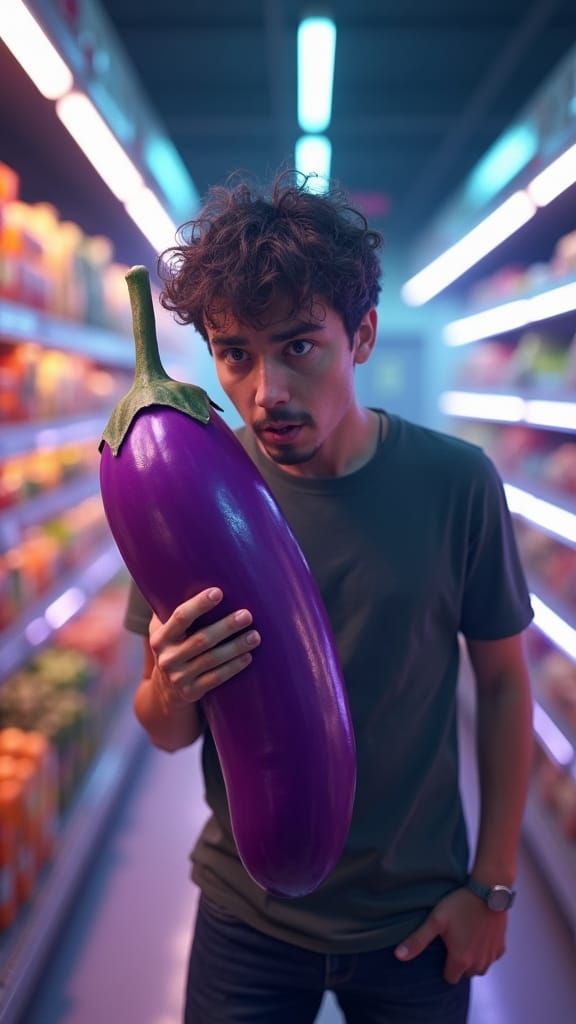Surreal Supermarket Encounter with Purple Eggplant