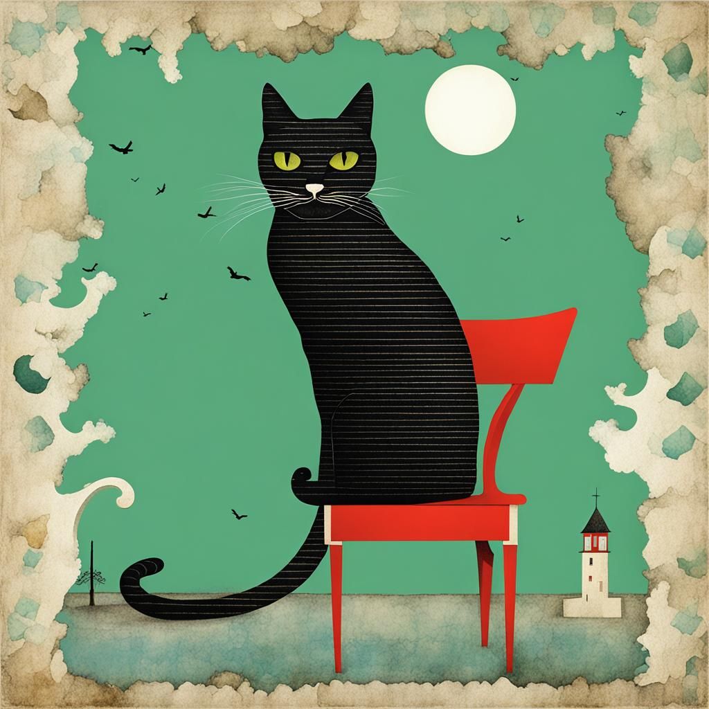 Surreal Cat Artwork in Mixed Media Style