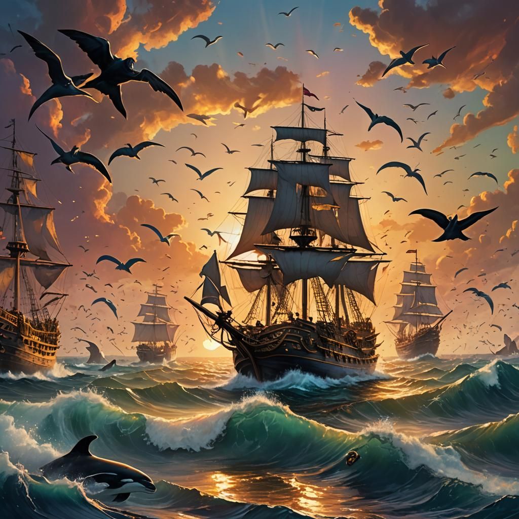 Pirate Ship Voyage at Sunset: Fantasy Oil Painting