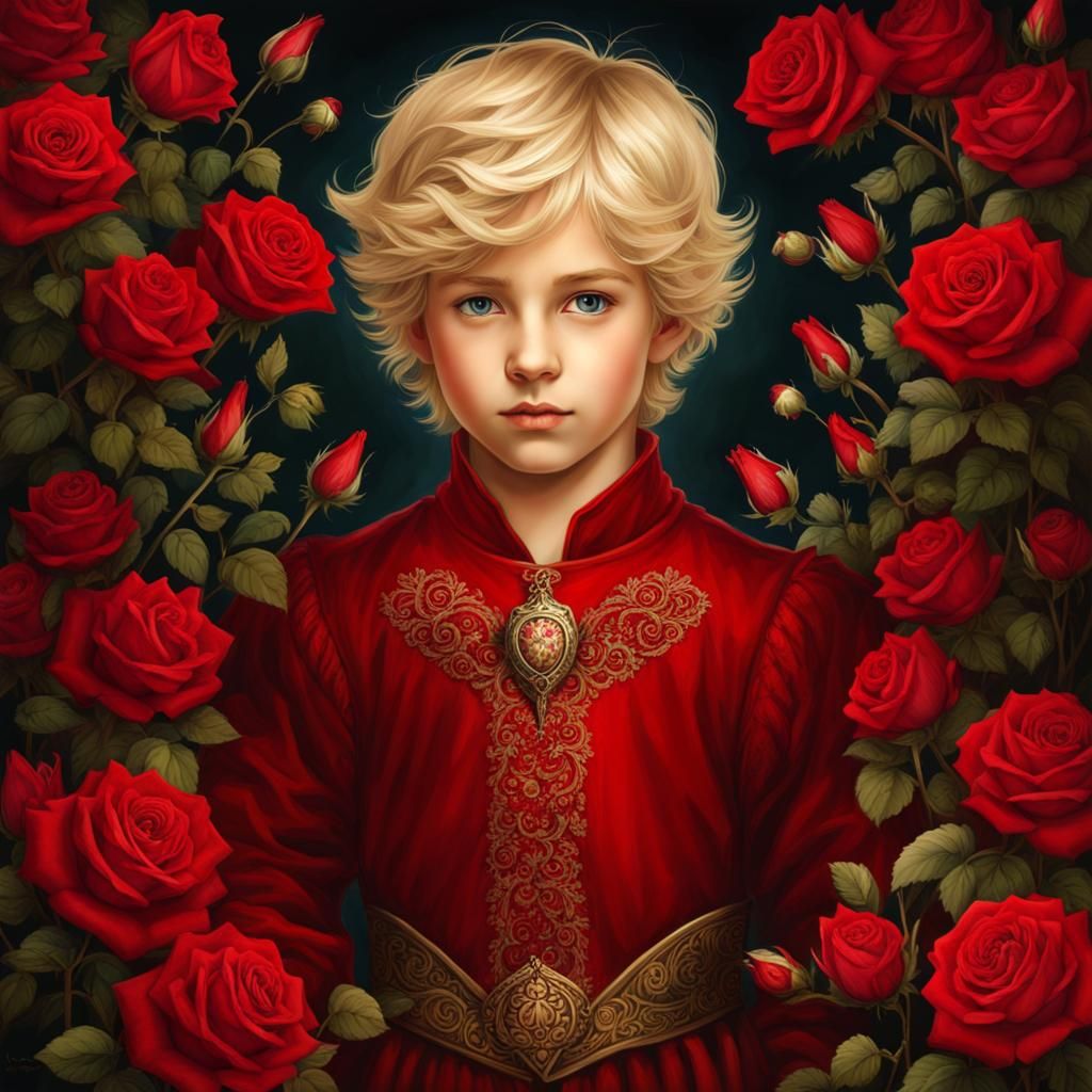 Medieval Blond Boy in Red Rose Garden