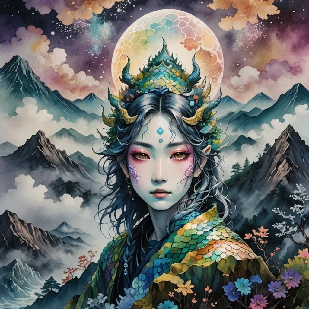 Iridescent Japanese Folk Creature in Surreal Anime Style